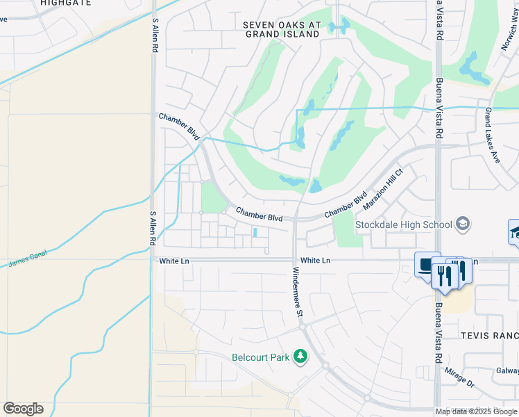 map of restaurants, bars, coffee shops, grocery stores, and more near 3007 Springbank Court in Bakersfield