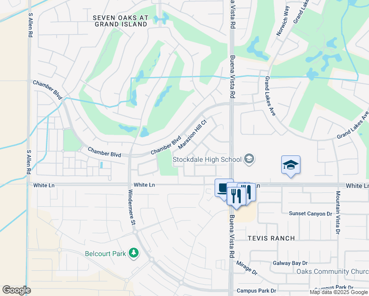 map of restaurants, bars, coffee shops, grocery stores, and more near 11615 Marazion Hill Court in Bakersfield