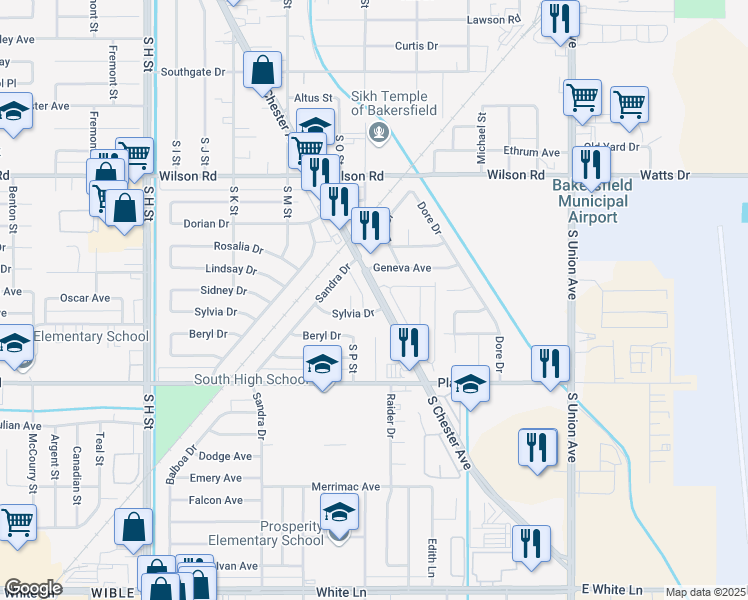 map of restaurants, bars, coffee shops, grocery stores, and more near 2909 South Chester Avenue in Bakersfield