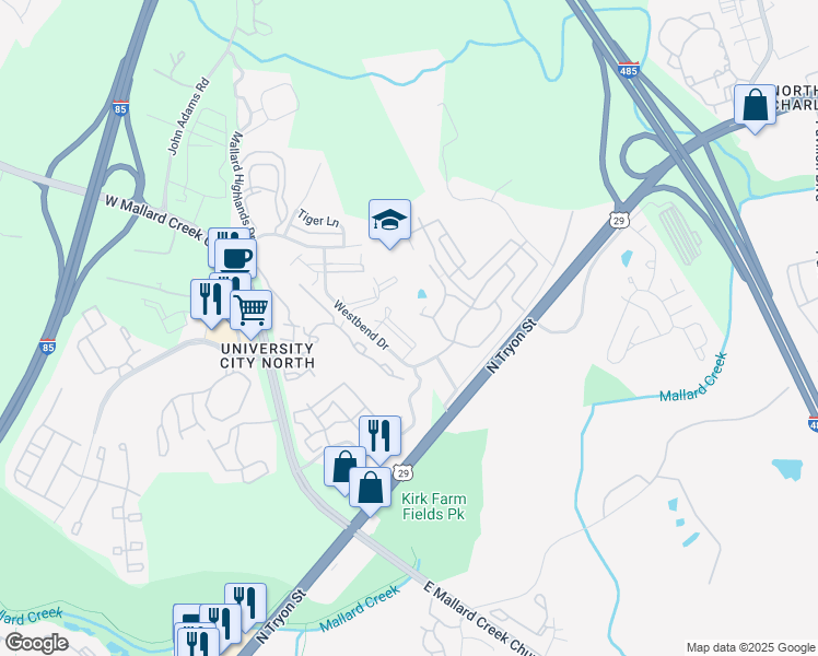 map of restaurants, bars, coffee shops, grocery stores, and more near 10638 Hill Point Court in Charlotte