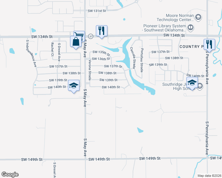 map of restaurants, bars, coffee shops, grocery stores, and more near 2708 Southwest 140th Street in Oklahoma City