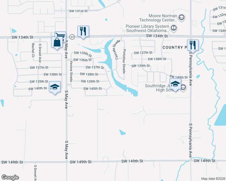 map of restaurants, bars, coffee shops, grocery stores, and more near 14105 Lago Strada in Oklahoma City