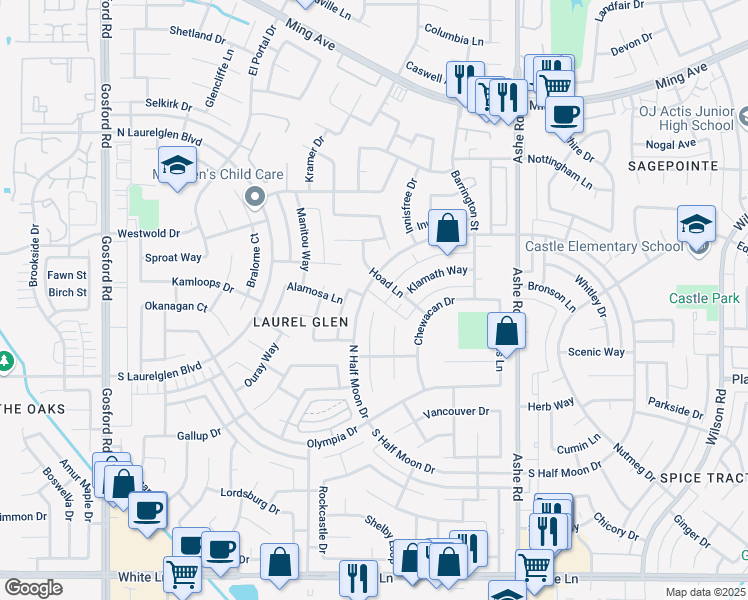 map of restaurants, bars, coffee shops, grocery stores, and more near 3001 Pendleton Ct in Bakersfield