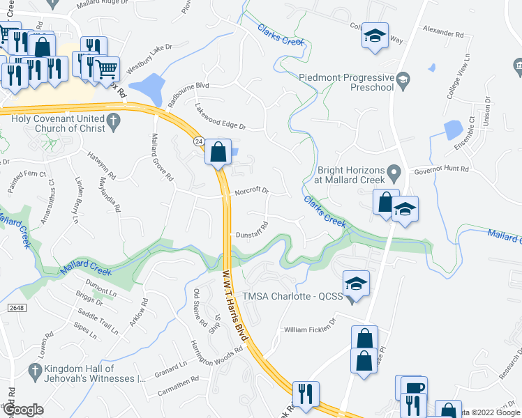 map of restaurants, bars, coffee shops, grocery stores, and more near 8401 Dunstaff Road in Charlotte