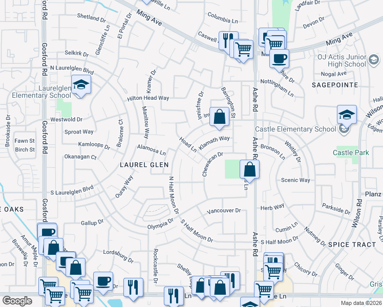 map of restaurants, bars, coffee shops, grocery stores, and more near 3001 Pendleton Court in Bakersfield