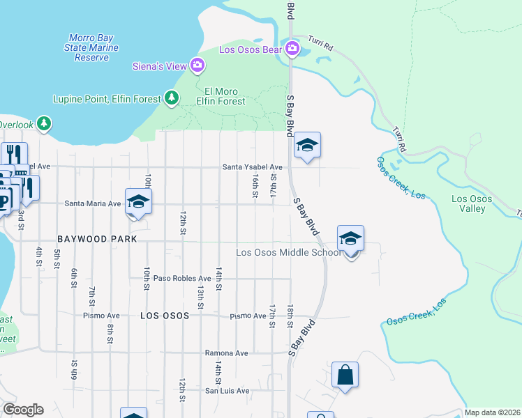 map of restaurants, bars, coffee shops, grocery stores, and more near 1302 16th Street in Baywood-Los Osos