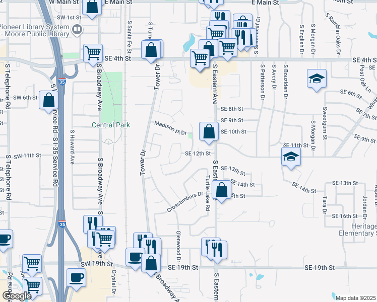 map of restaurants, bars, coffee shops, grocery stores, and more near 1219 Stoneridge Drive in Moore