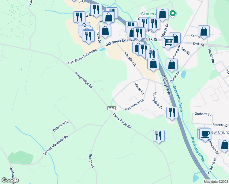 map of restaurants, bars, coffee shops, grocery stores, and more near 570 Butler Road in Forest City