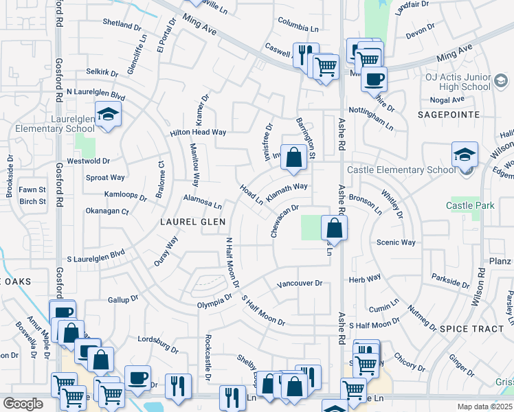 map of restaurants, bars, coffee shops, grocery stores, and more near 3001 Pendleton Court in Bakersfield