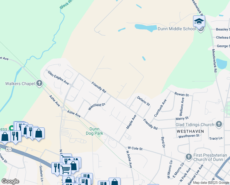 map of restaurants, bars, coffee shops, grocery stores, and more near 311 Westfield Drive in Dunn