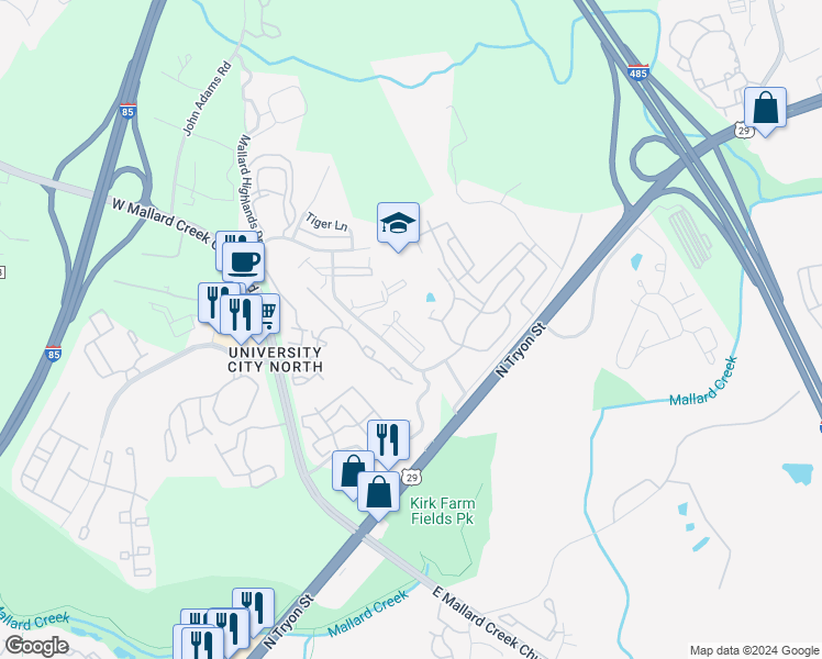 map of restaurants, bars, coffee shops, grocery stores, and more near 10638 Hill Point Court in Charlotte