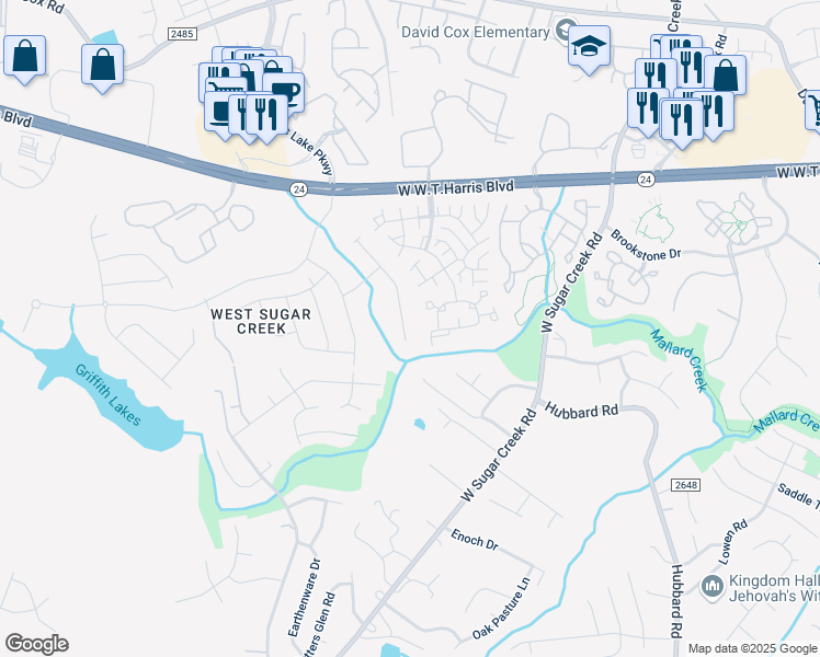 map of restaurants, bars, coffee shops, grocery stores, and more near 6079 Cougar Lane in Charlotte