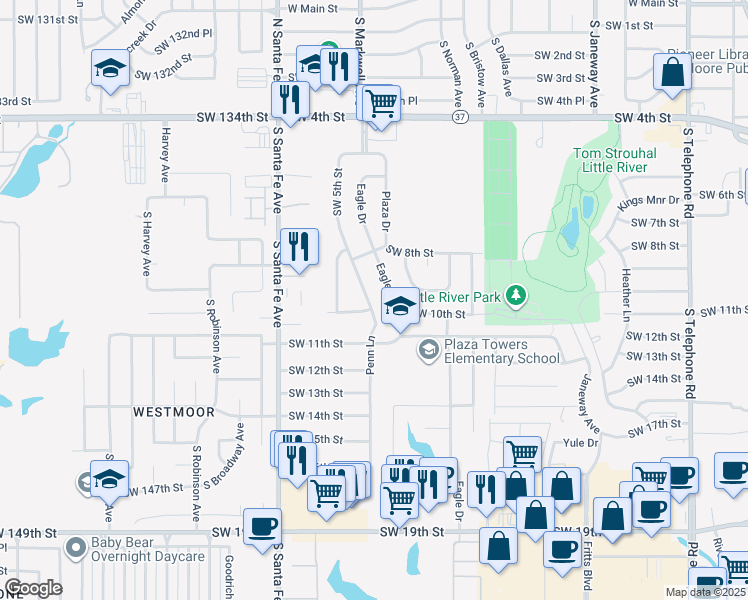 map of restaurants, bars, coffee shops, grocery stores, and more near 1004 Penn Lane in Moore