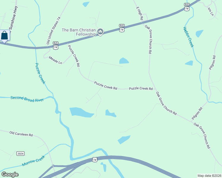 map of restaurants, bars, coffee shops, grocery stores, and more near 398 Puzzle Creek Road in Bostic
