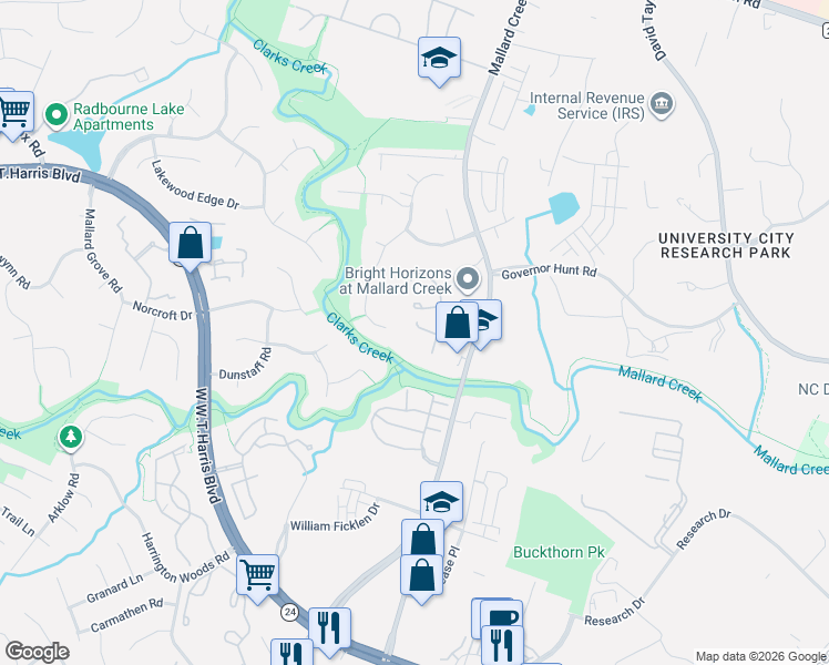 map of restaurants, bars, coffee shops, grocery stores, and more near 3121 Brockhampton Court in Charlotte
