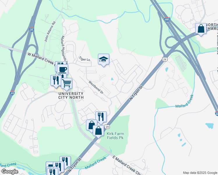 map of restaurants, bars, coffee shops, grocery stores, and more near 10638 Hill Point Court in Charlotte