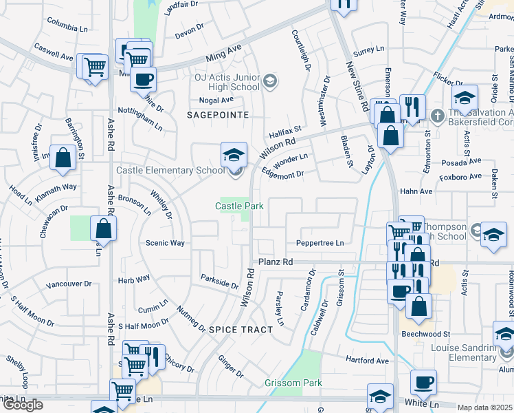 map of restaurants, bars, coffee shops, grocery stores, and more near 5813 Wilson Road in Bakersfield