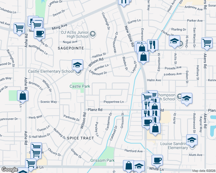 map of restaurants, bars, coffee shops, grocery stores, and more near 2904 Cedarwood Drive in Bakersfield