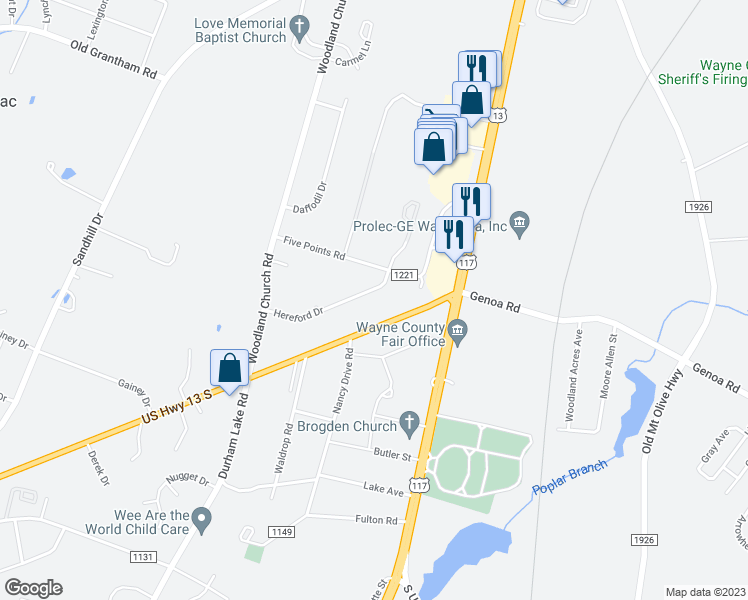map of restaurants, bars, coffee shops, grocery stores, and more near 210 Hereford Drive in Mar-Mac
