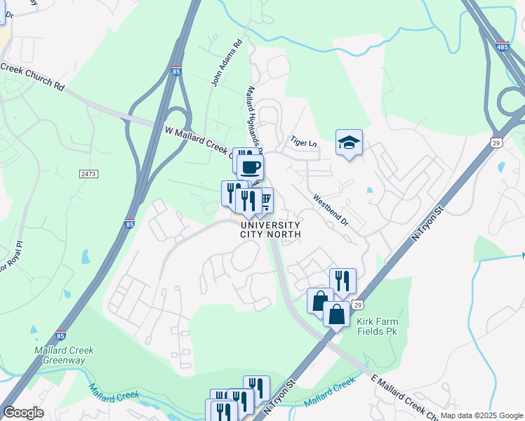 map of restaurants, bars, coffee shops, grocery stores, and more near 623 West Mallard Creek Church Road in Charlotte