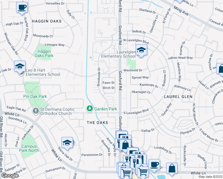 map of restaurants, bars, coffee shops, grocery stores, and more near 8109 Birch Street in Bakersfield