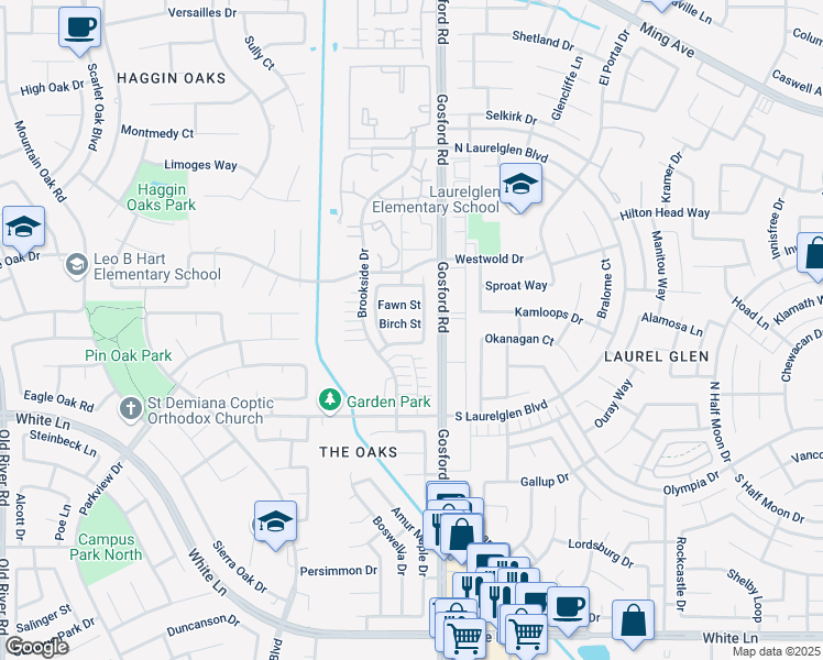 map of restaurants, bars, coffee shops, grocery stores, and more near 8109 Birch Street in Bakersfield