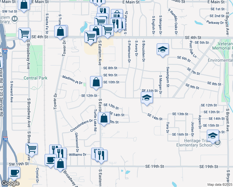 map of restaurants, bars, coffee shops, grocery stores, and more near 833 Southeast 12th Street in Moore