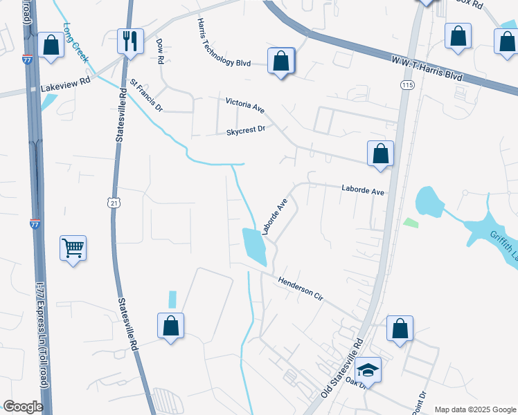 map of restaurants, bars, coffee shops, grocery stores, and more near 6824 Jamison Lane in Charlotte