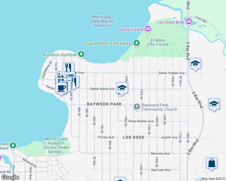 map of restaurants, bars, coffee shops, grocery stores, and more near 1302 8th Street in Baywood-Los Osos