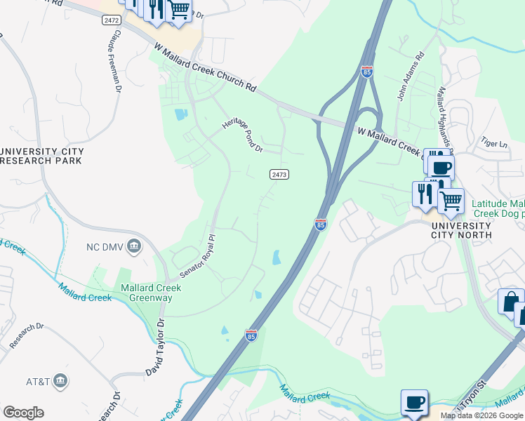 map of restaurants, bars, coffee shops, grocery stores, and more near 9134 Legranger Road in Charlotte