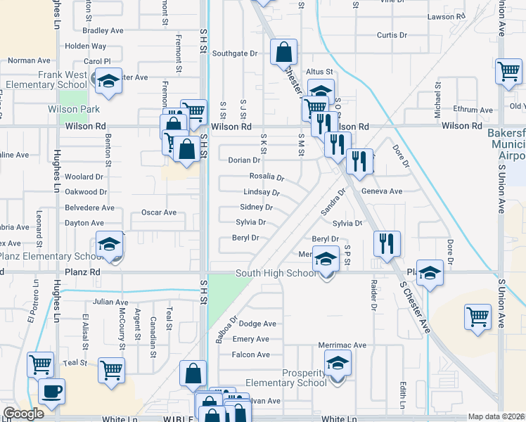 map of restaurants, bars, coffee shops, grocery stores, and more near 1401 Sidney Drive in Bakersfield