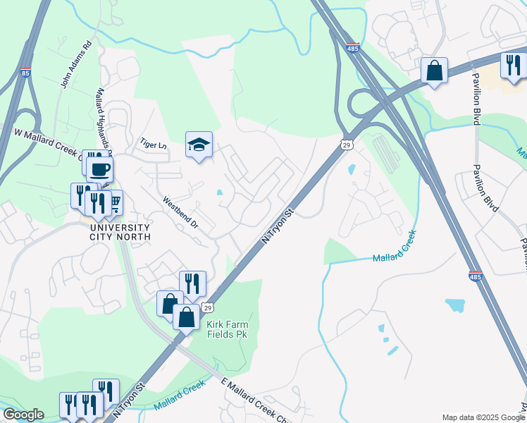 map of restaurants, bars, coffee shops, grocery stores, and more near 128 Northbend Drive in Charlotte