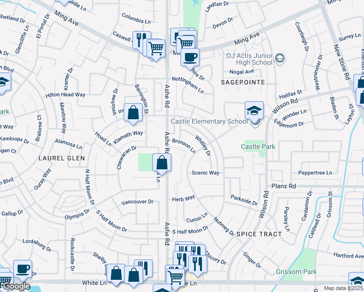 map of restaurants, bars, coffee shops, grocery stores, and more near 6409 Bronson Lane in Bakersfield