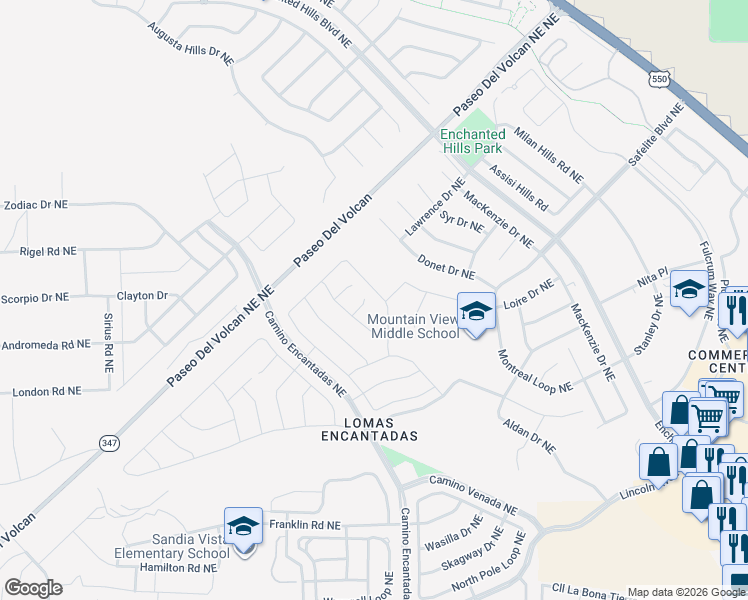 map of restaurants, bars, coffee shops, grocery stores, and more near 4286 Mountain Trail Loop Northeast in Rio Rancho