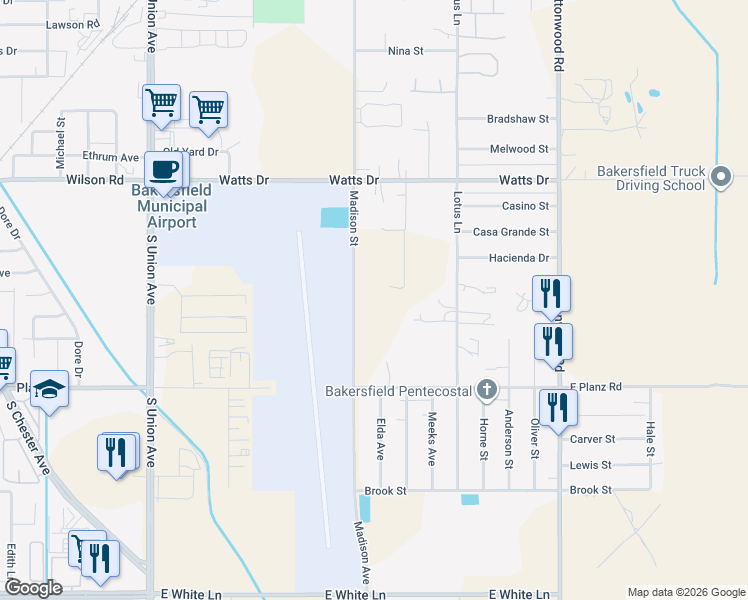 map of restaurants, bars, coffee shops, grocery stores, and more near 900 East Planz Road in Bakersfield