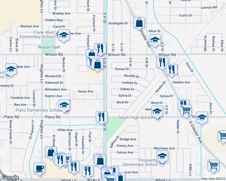 map of restaurants, bars, coffee shops, grocery stores, and more near 3005 South I Street in Bakersfield