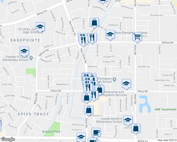 map of restaurants, bars, coffee shops, grocery stores, and more near 4809 Hahn Avenue in Bakersfield