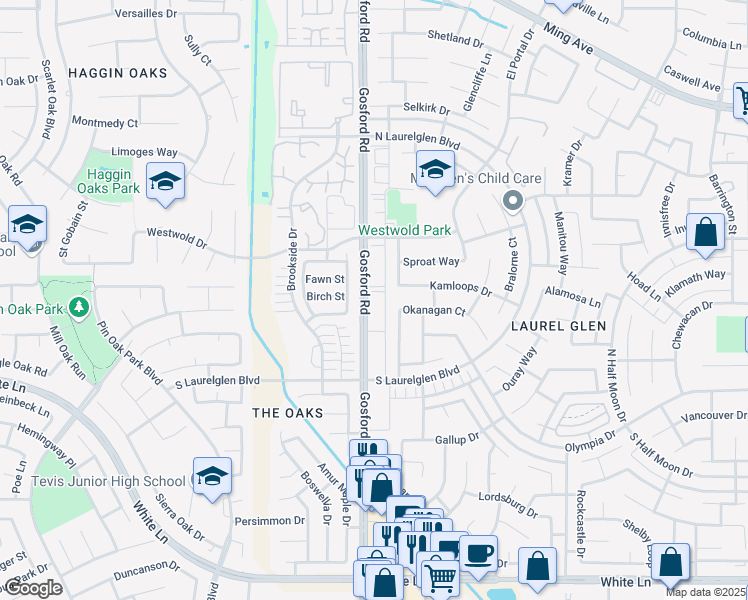 map of restaurants, bars, coffee shops, grocery stores, and more near 3001 Victoria Way in Bakersfield