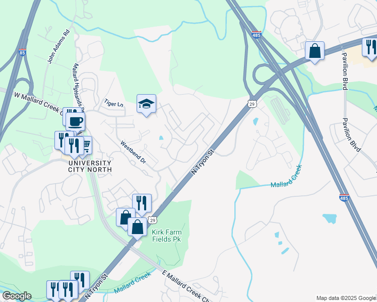 map of restaurants, bars, coffee shops, grocery stores, and more near 128 Northbend Drive in Charlotte