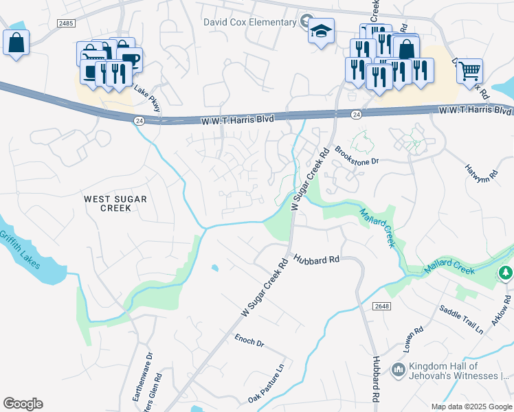 map of restaurants, bars, coffee shops, grocery stores, and more near 5951 Cougar Lane in Charlotte