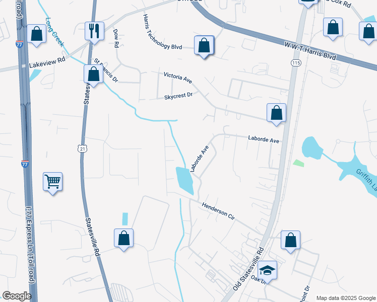 map of restaurants, bars, coffee shops, grocery stores, and more near 6824 Jamison Lane in Charlotte