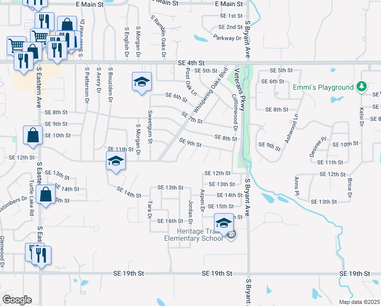 map of restaurants, bars, coffee shops, grocery stores, and more near 1013 Silver Maple in Moore