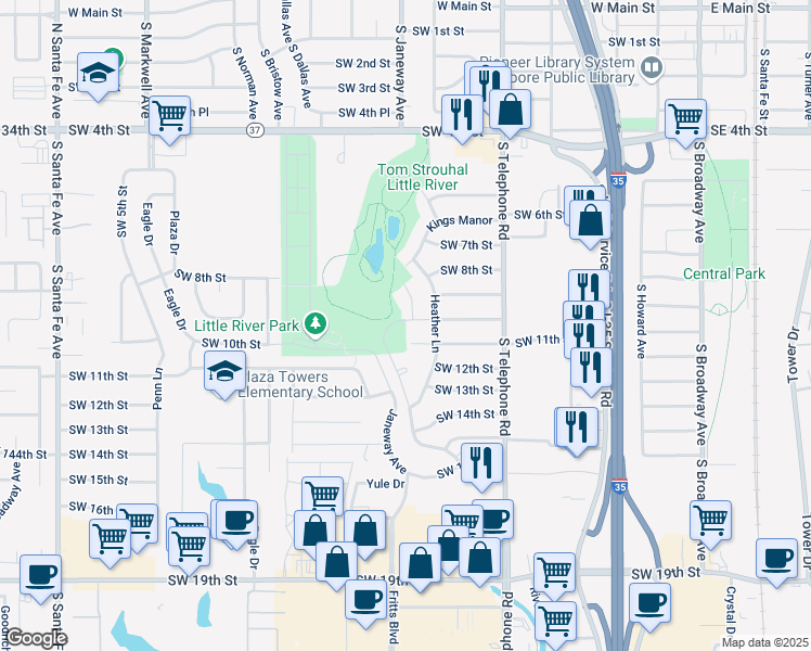 map of restaurants, bars, coffee shops, grocery stores, and more near 728 Southwest 10th Street in Moore