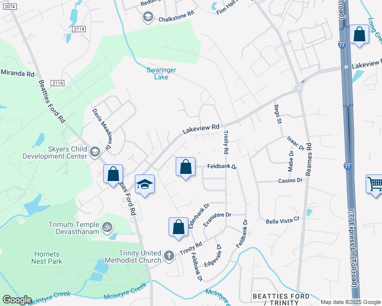 map of restaurants, bars, coffee shops, grocery stores, and more near 9701 Pecota Lane in Charlotte