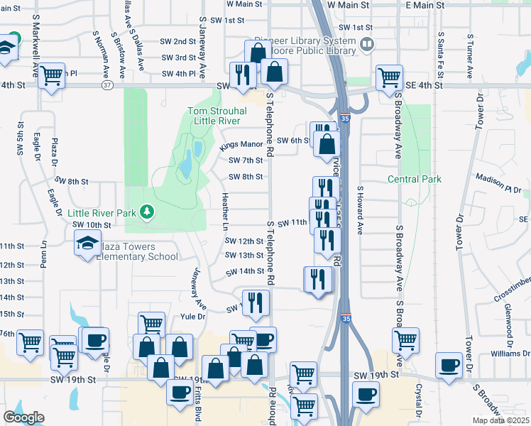 map of restaurants, bars, coffee shops, grocery stores, and more near 600 Southwest 10th Street in Moore