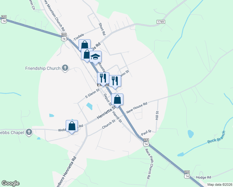 map of restaurants, bars, coffee shops, grocery stores, and more near 120 Byers Street in Ellenboro