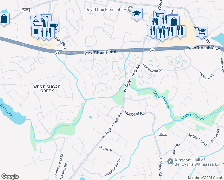 map of restaurants, bars, coffee shops, grocery stores, and more near 5951 Cougar Lane in Charlotte