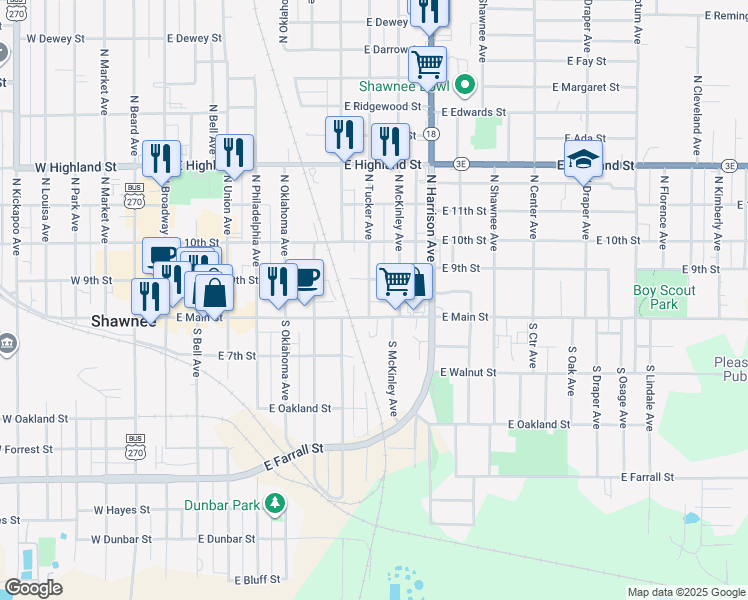 map of restaurants, bars, coffee shops, grocery stores, and more near 120 North Tucker Avenue in Shawnee