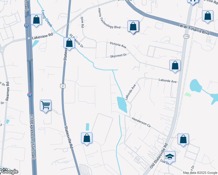 map of restaurants, bars, coffee shops, grocery stores, and more near 5510 Henderson Oaks Drive in Charlotte