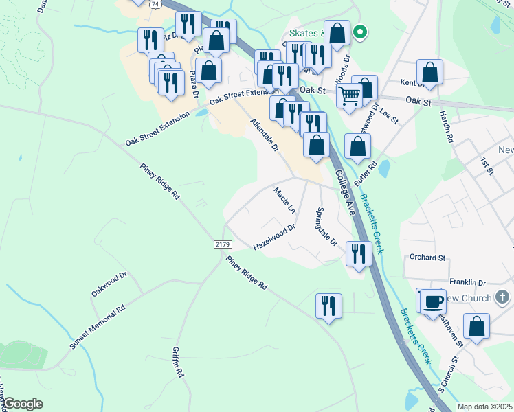 map of restaurants, bars, coffee shops, grocery stores, and more near 509 Butler Road in Forest City